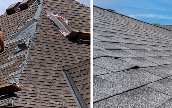 Comparison image showing roof repair versus roof replacement.